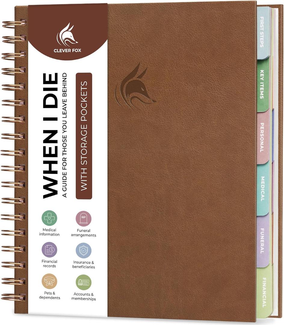 Clever Fox When I Die Planner With Pockets for Documents  End-of-Life Organizer Binder for Important Personal Info & Final Wishes (Brown)