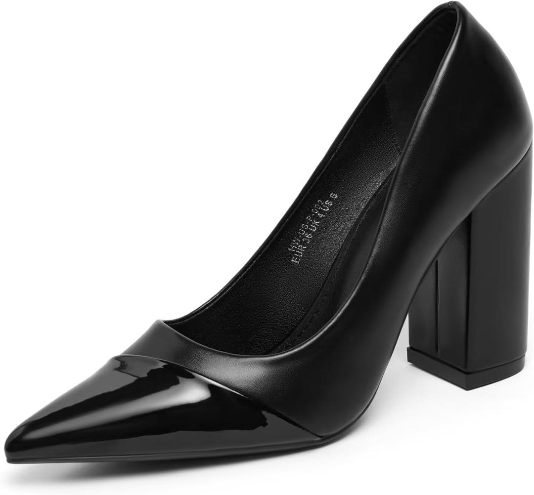 Heels for Women Pumps Closed Toe Chunky High Heel 4inch Pointy Toe Block Heels Business Office Shoes Comfortable Dress Shoes for Women (7, Black)