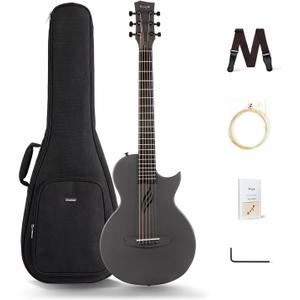 Enya Nova Go Carbon Fiber Travel Acoustic Guitar | 1/2 Size Lightweight Moisture-Proof Guitara | Adult & Beginner Portable Guitar with Gig Bag & Accessories (Black)