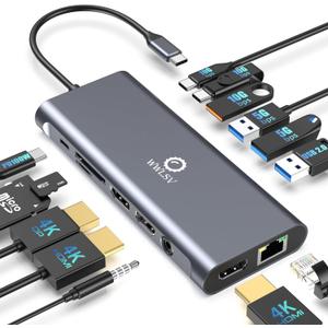 Docking Station 3 Monitors for HP/MacBook/Dell/Lenovo/Surface, USB C Docking Station with Dual 4K@60Hz HDMI & 4K DP, 14-in-1 USB C Hub with 100W PD, USB-A/C 3.1, 1Gbps Ethernet, SD/TF, 3.5mm Audio/Mic