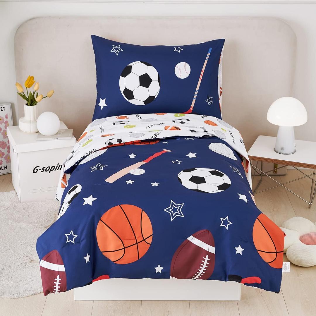 URBONUR 4Piece Toddler Bedding Set Ultra Soft Sports Series Baseball Football Basketball Boys Toddler Comforter Set Navy Includes Comforter, Flat Sheet, Fitted Sheet and Reversible Pillowcase, 52'' x 28''