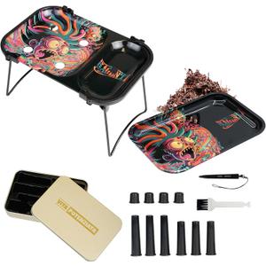 14-in-1 Upgraded Metal Rolling Tray Set - Dual 9.2x6.3 Expanded Trays with 4 Slots Cone Loader, Portable Pre Roll Machine Kit with Lid, Foldable Stand, Cone Roller, Cone Fillers & Funnel (Einstein)