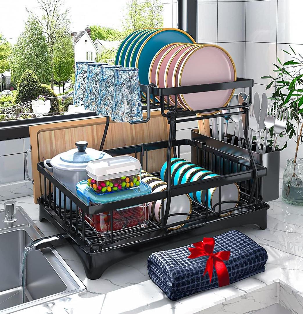 Dish Drying Rack, 2-Tier Dish Rack with Auto-Drain & Mat, Dish Racks for Kitchen Counter, Dish Drainer with Knife, Fork & Cup Rack, Gifts for Women, Mothers Day, Cool Stuff & Kitchen Gadgets
