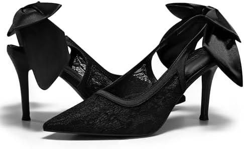Coutgo Womens Slingback High Heels Bow Closed Pointed Toe Lace Patchwork Party Dress Shoes. women size 9