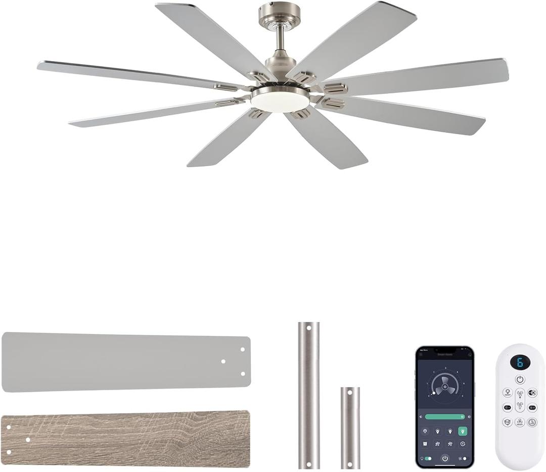 Ceiling Fan with Light and Remote/APP Control, 62 inch Large Low Profile Ceiling Fans for Living Room Patio, Quiet DC Reversible Motor, 8 Speed, 3CCT, Dimmable, Dual Finish 8 Blades, Nickel