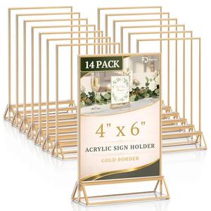 Daofary Acrylic Sign Holder 4x6, 14 Pack Double Sided Clear Gold Frame Tabletop Display, Menu Flyer Table Number Holder for Wedding Reception and Restaurant Tables