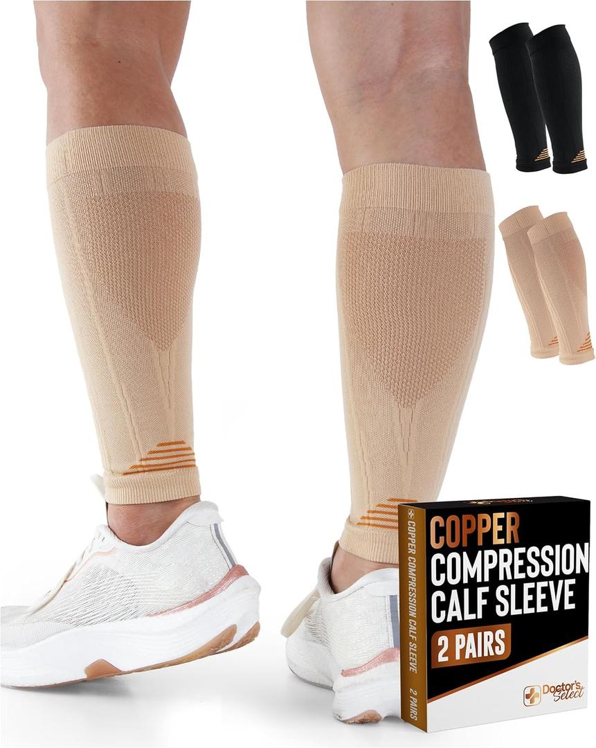 Doctor's Select 2 Pairs Copper Calf Compression Sleeve - Leg Compression Sleeves for Women & Men, Shin Splint Relief (Large-X-Large)