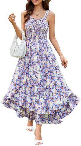 GRACE KARIN Women's 2025 Summer Floral Boho Dress Square Neck Strapped Swing A Line Sundress Beach Long Maxi Outfits Medium
