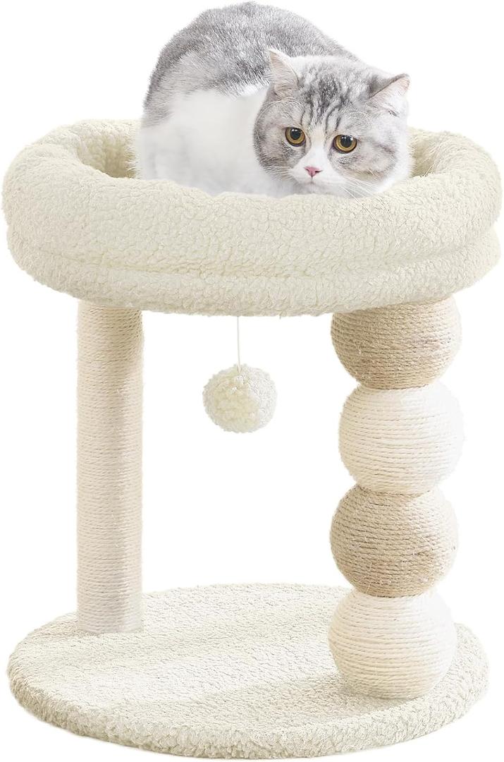 2025 Upgraded YOCAN Small Cat Tree for Indoor Cats, Sturdy Cat Tower with Reinforced Sisal Scratching Posts, Cozy Plush Top Perch & Hanging Toy Ball for Kittens and Small Cats-White