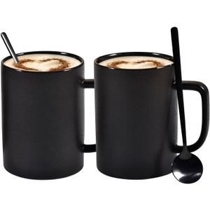 Coffee Mugs, Matte Black Ceramic Mug Set of 2, 13.5 OZ Large Coffee Set with Black Coffee Spoons, Big Cups for Cappuccino Latte or Tea for Home Office Restaurant or Bar, for Men and Women Couple Gift