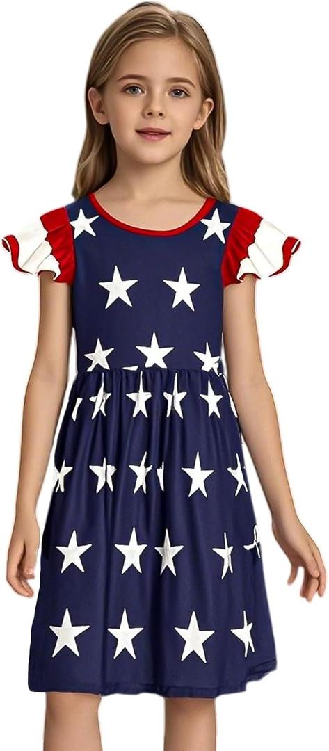 RONGTAI Girls 4th of July Dress Kids American Flag Patriotic Stars Striped Summer A Line Dresses for Kids Independence Day (Blue 2)
