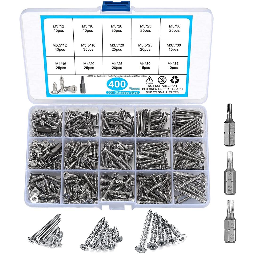 400 Pcs M3/M3.5/M4 Wood Screws, Torx Head Pan Head Self Tapping Screws, Stainless Steel Flat Head Drywall Screws Assortment Kit for Wood, with 3 Pcs Bits (400 Silver)