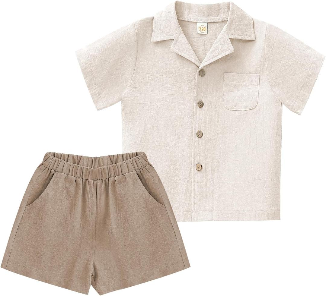 XMWEALTHY Toddler Baby Boy Summer Clothes Color Block Short Sleeve Button-down Shirt Tops + Cotton Pants Outfit Set (3-4T, Beige Khaki)