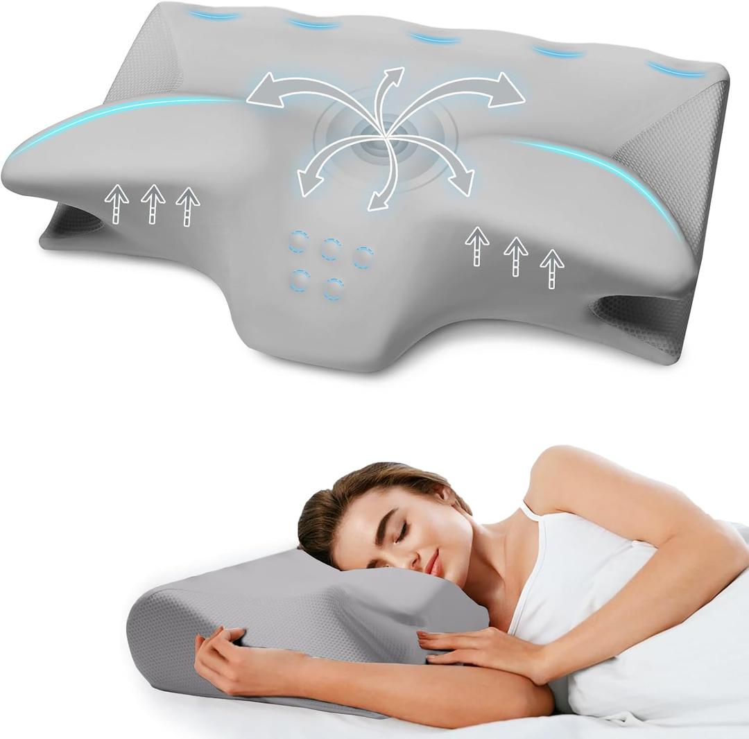 Cervical Neck Pillow for Pain Relief,Ergonomic Contour Memory Foam Pillows for Sleeping,Cooling odorless Neck Support Pillow for Side Back Stomach Sleeper,with Washable Pillowcase,Grey