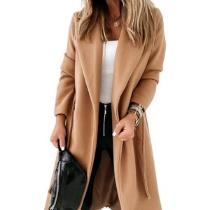 Womens Classic Coat Lapel Collar Open Front Belted Long Jacket (XX-Large, Camel)