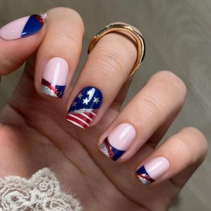 Curvlife Press on Nails Acrylic Fake Nails with AM Design Full Cover False Nails for Women Reusable Nail Kit with Nail Glue Adhesive Tabs (Short)