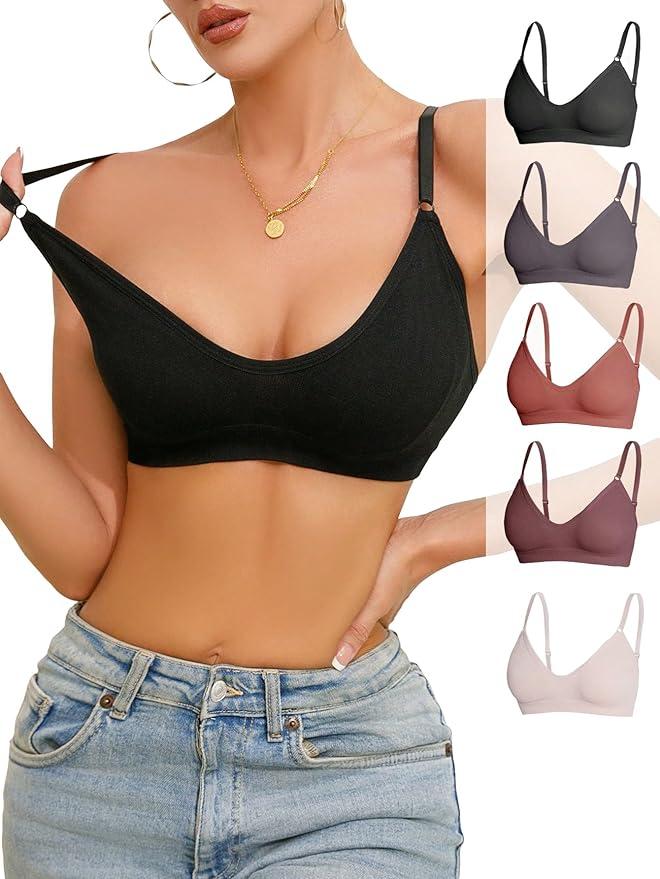 OYOANGLE Women's 5 Pieces Rib Knit Spaghetti Strap V Neck Wireless Bra Set Seamless Solid Plain No Padded Bralette Medium