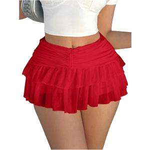 Women's Ruffle Ruched Skirts Tiered Layer Elastic Streetwear Mini Skirt Y2K Coquette Low Waist Flared Short Skirts Red Large