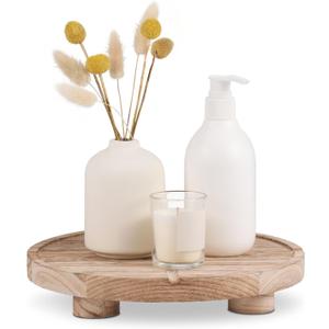 10'' Round Wooden Tray Pedestal Stand, Farmhouse Bathroom Decor Riser for Soap Dispenser, Perfume, Candle, 10'', Light Brown