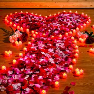 Coume 6000 Pcs Artificial Rose Petals with 72 Pcs Flameless LED Candles Romantic Decorations Fake Candles Happy Anniversary Decorations for Wedding Night(Red with Red Series Petal)
