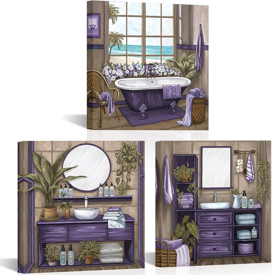 Conipit Purple Bathroom Pictures Wall Decor Bathroom Accessories Paintings Bathtub Canvas Wall Art Framed 12''x12''x3pcs (purple)