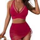 Blooming Jelly Womens Swim Skirt High Waisted Bikini Sets Tummy Control Swimsuits Mesh Sarong Wraps Bathing Suits (Large, Red)