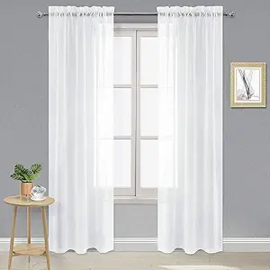 Solid Color Sheer Curtains 84 Inches Long 3 Panels Set - Elegant Lightweight Grommet Light Filtering Window Voile Panels/Drapes/Treatment for Bedroom Living Room W42 x L84 Inch, White, with strings to tie