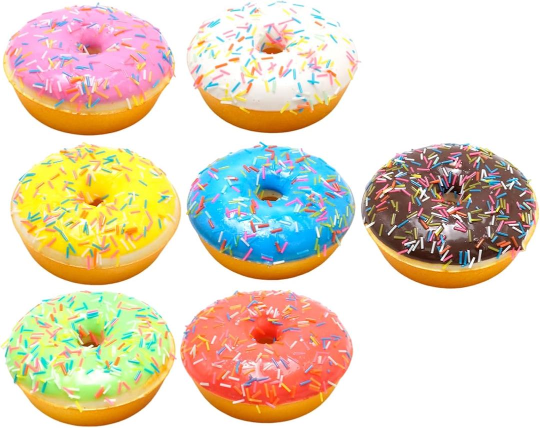 7Pcs Fake Donuts, Artificial Soft PU Realistic Donut Decor, Non-Edible Display Props Doughnuts Cakes Desserts Food Bread for Bakery Shop Wedding Photography Decoration Model Kitchen