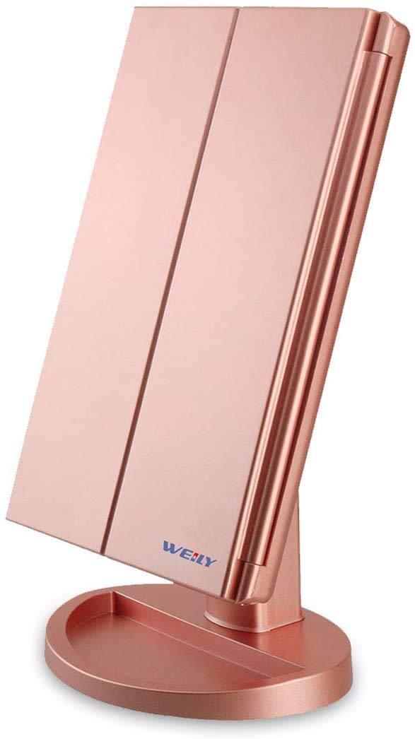 WEILY Makeup Mirror with 21 LED Lights,Two Power Supply, Touch Screen and 1x/2x/3x Magnification Tri-Fold Vanity Mirror for Makeup Desk(Rose Gold)