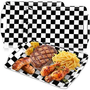 FYSUIMU 3Pcs Checkered Serving Trays with Handles Reusable Serving Dishes Black and White Gingham Platter for First Birthday Party Sharing Snacks Fruits Dessert, 15 x 10 Inch