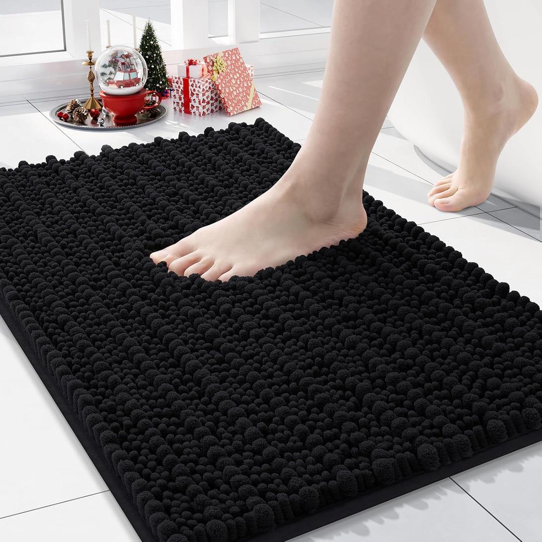 Arotive Luxury Chenille Bathroom Rug Mat, Extra Soft Thick Absorbent Shaggy Bath Rugs, Non-Slip Machine Wash Dry, Plush Bath Mats for Bathroom, Shower and Tub, 24x16, Black