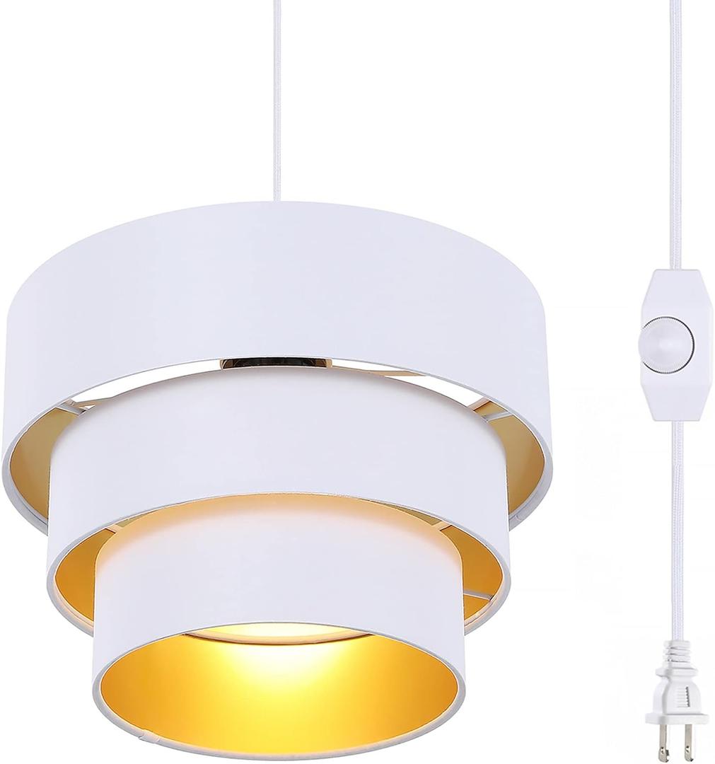 Plug in Pendant Light, Hanging Lamp with Dimmable Switch, Pendant Light Fixtures with 15 Ft Cord, Swag Light with White Fabric Shade for Bedroom, Kitchen, Living Room, Dining Table
