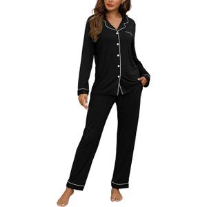 Womens Pajamas Sets 2 Piece Long Sleeve and Pant Pj Sets Button Up Sleepwear (Small, Black)