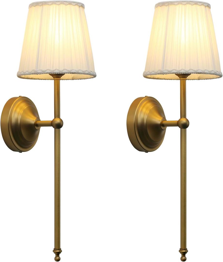 Phansthy Hardwired Brass Boho Wall Sconces Set of 2, Vintage Industrial Wall Lights 2 Pack, Vanity Light Wall Lamps with Lace Gauze Shade for Bedroom Living Room Hallway Decor (Antique + White Shade)