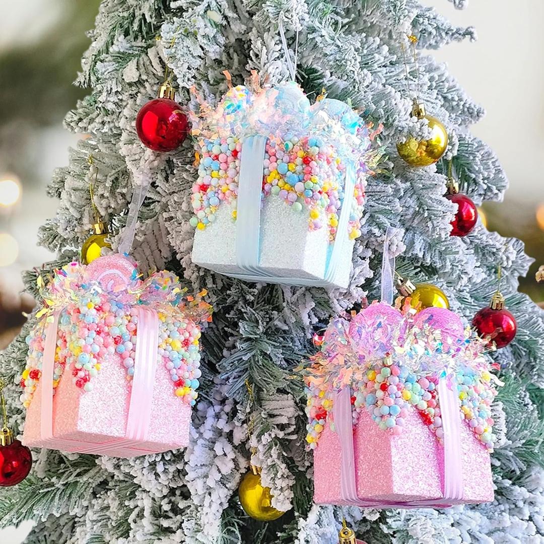 Gift Box Hanging Ornament, 3pcs Pastel Color Glittery Xmas Wrapped Present Pendant, Large Size Macaron Decorations for Christmas Tree Decor and Party Supplies