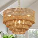 19.7" Boho Rattan Chandelier Vintage 6-Light Farmhouse Hand-Woven Bamboo Chandelier Light Fixture Rustic Drum Wicker Golden Chandeliers for Dining Room, Kitchen Island, Bedroom, E12