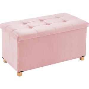 YOUDENOVA 30 Inches Folding Storage Ottoman Bench, Velvet Storage Chest, Footrest Couch with Wooden Legs, Support 350lbs for Bedroom, Living Room, Hallway, Pink, Clearance, 30"D x 15"W x 16.8"H