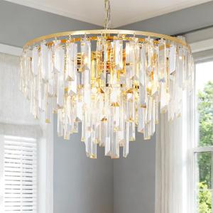 Modern Gold Crystal Chandelier, 18" Round Chandeliers for Dining Room 4-Tier 6 Lights Luxury Top K9 Crystal Ceiling Pendant Light Fixture for Foyer Bedroom Closet, Round D18''