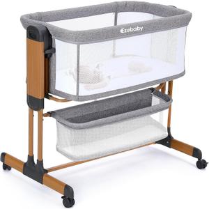 Ezebaby 3-in-1 Baby Bassinet, Rocking Baby Bassinets Bedside Sleeper, Adjustable Portable Crib for Newborn Infant with Wheels Storage Basket and Mesh Sides (Mid Gray)
