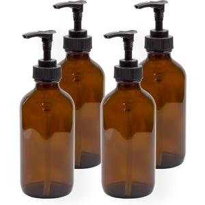 Cornucopia Brands 8oz Glass Pump Bottles (Pack of 4, Amber Brown) Lotion Soap Dispensers w/Black Plastic Pumps