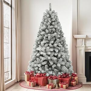 DWVO Unlit Snow Flocked Artificial Christmas Tree 7.5ft, Full Fake Spruce Xmas Trees with Snow 1346 Branch Tips and Foldable Stand Easy Assembly Seasonal Holiday for Home Office Party Decoration