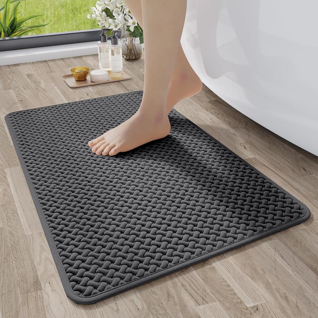 Bathroom Rugs Non Slip, Super Absorbent Quick Dry Bath Mats for Bathroom, Foam Weave Texture Thin Bath Rugs Washable with Rubber Backing Fit Under Door Outside Shower, 16" x 24" (Grey)