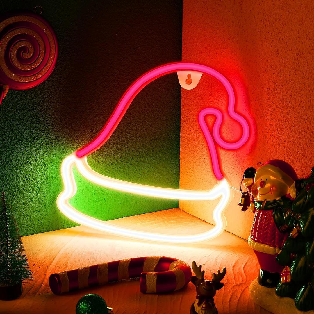 Riakrum Christmas Neon Sign LED Neon Santa Hat Sign,USB or Battery Operated Neon Signs Merry Christmas Neon Lights for Wall Home Room Decor, Holiday Party Decorations, Xmas Gift