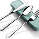 Travel Utensils with Case,SAOHYPEI Portable Silverware Set for Work, 4-Piece Stainless Steel Portable Cutlery Set,Lunch Box for Camping Work School, Include Fork Spoon Knife, Dishwasher Safe,Silver