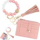 KNGITRYI Wallet Keychain Wristlet for Women,Slim RFID Credit Card Holder Purse Tassel Keychain Bangle Key Ring for Men Women (Pink)
