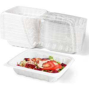 YANGRUI Takeout Containers 8 Inch 34 oz 25 Pack - Reusable Anti Fog Crystal Lid Technology Shrink Wrap To Go Box | BPA Free PP Plastic Freezer & Microwave Safe | White Restaurant Grade Food Container