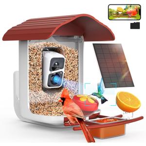 birdsnap PAV-Bird Feeder with Camera,2K HD with 64GB Card, AI Identify Smart Bird House Cam Solar Panel,Live Stream,Motion Detection,Auto Record Video for Backyard Outdoors,Ideal Gift for Bird Lover (Red)