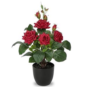Hollyone Artificial Plants & Flowers in Vase Red Roses Artificial Flowers Potted Plant Faux Silk Flower with Black Pot Fake Rose Flower Arrangement Home Decor Bathroom Shelf Desk Decoration 15 Inch