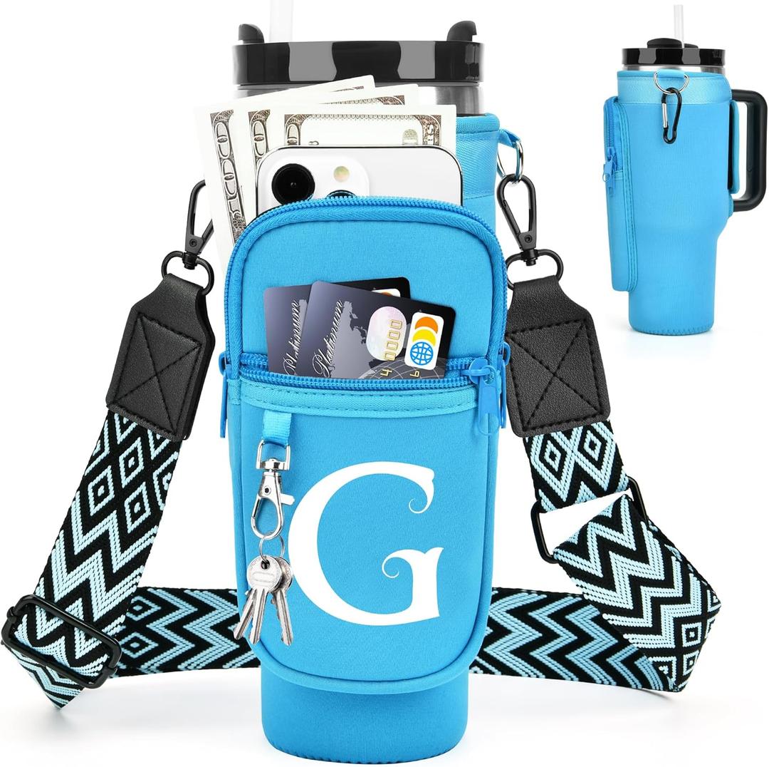 Water Bottle Holder with Strap for Stanley Cup 40 oz Tumbler with Handle, Personalized Initial Gift, Water Bottle Carrier Bag with Phone Pocket & Carabiner for Stanley Cup Accessories Blue G