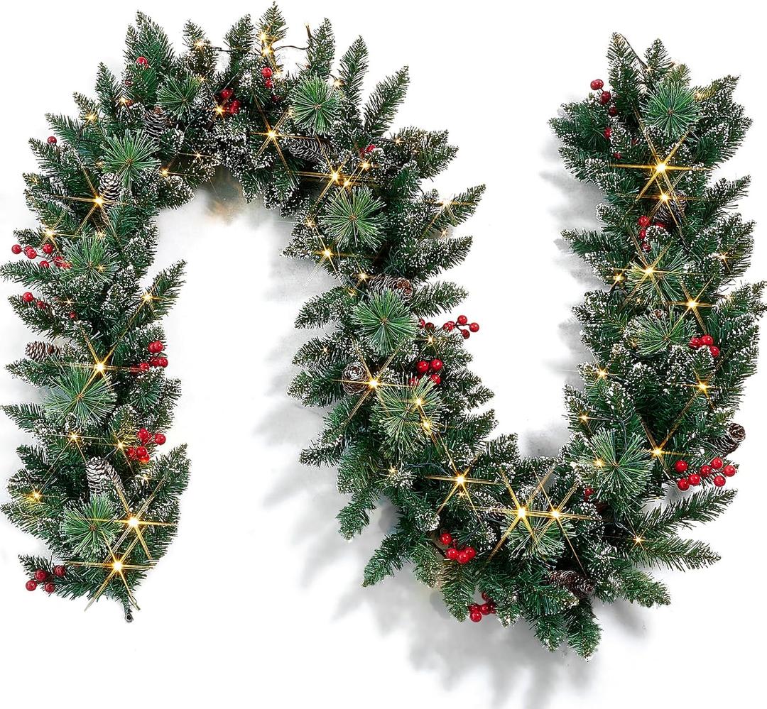 Christmas Garland with Lights, Battery Powered 8 Lighting Modes, 9FT 50 LED Luminous Christmas Decorations Indoor Home Decor.
